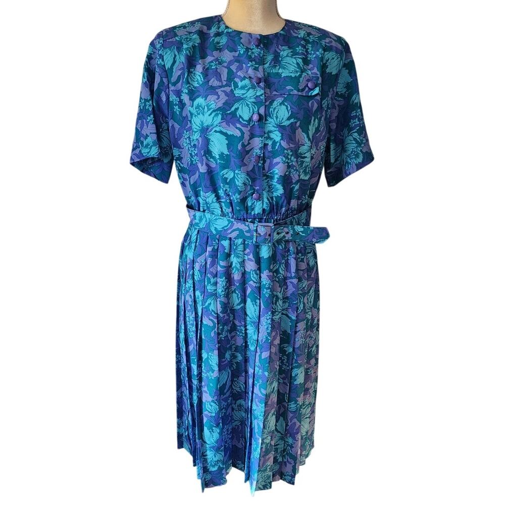 Orvis Vintage Cottage Core Prairie Pleated Floral Midi Dress Purple Blue 14P